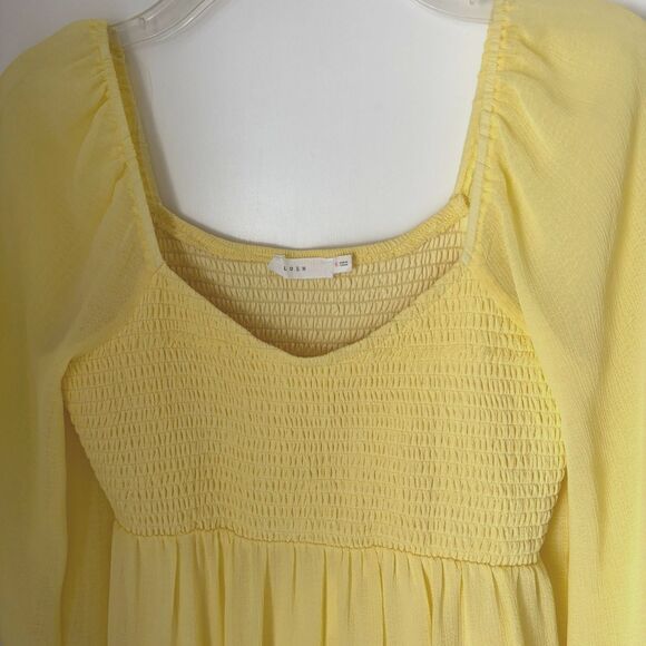 LUSH Yellow Smocked Bust Sheer LS Ruffle Hem Fit & Flare Spring Dress Size S #2 - Picture 5 of 8